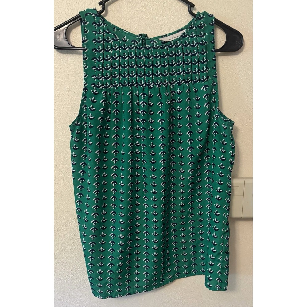 Kenar Women's Green/Navy anchor Round Neck Sleeveless Pleated Blouse Sz s